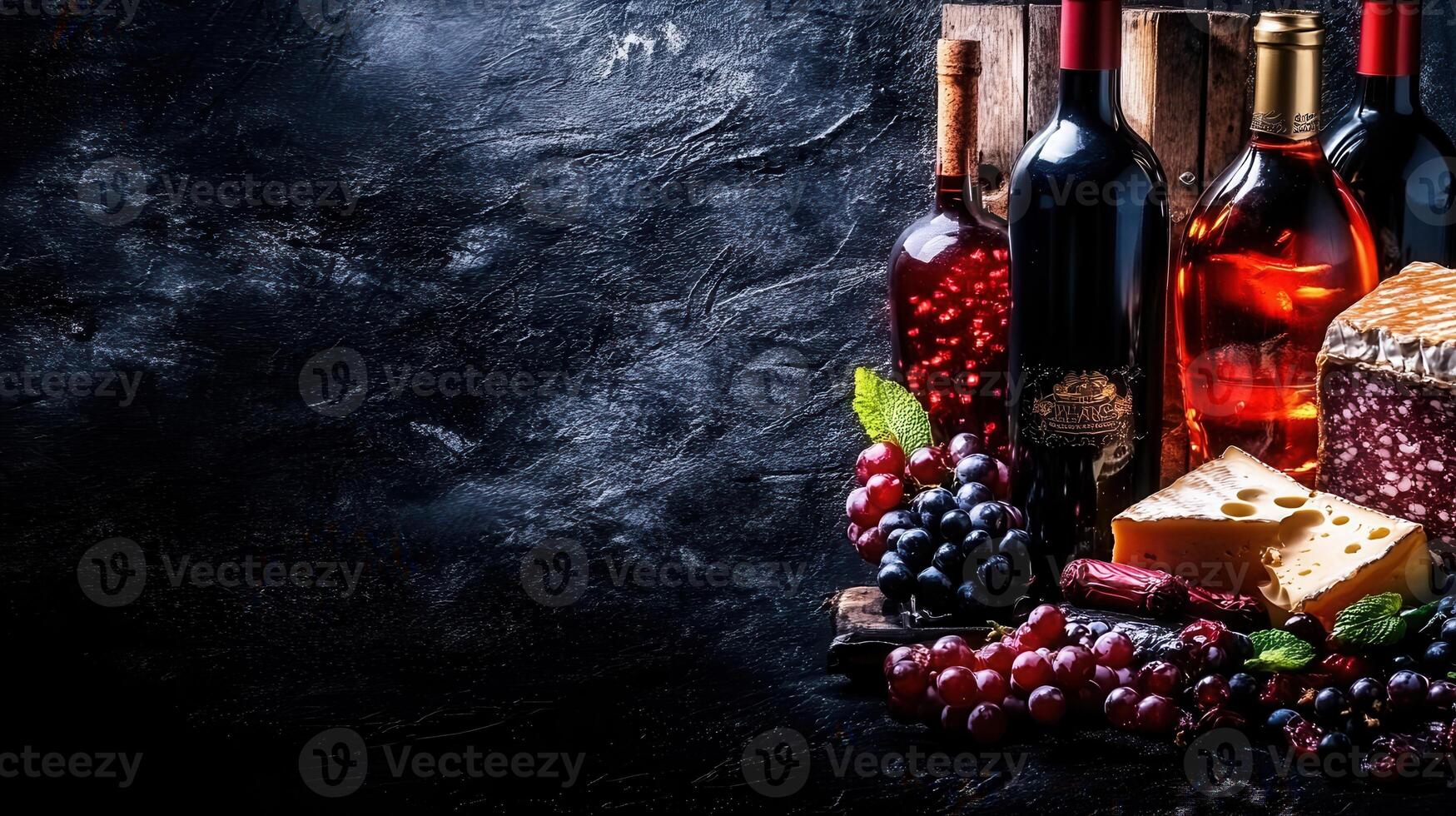 Exquisite wine bottle paired with cheese and fresh grapes artfully arranged on a wooden board for a gourmet experience photo
