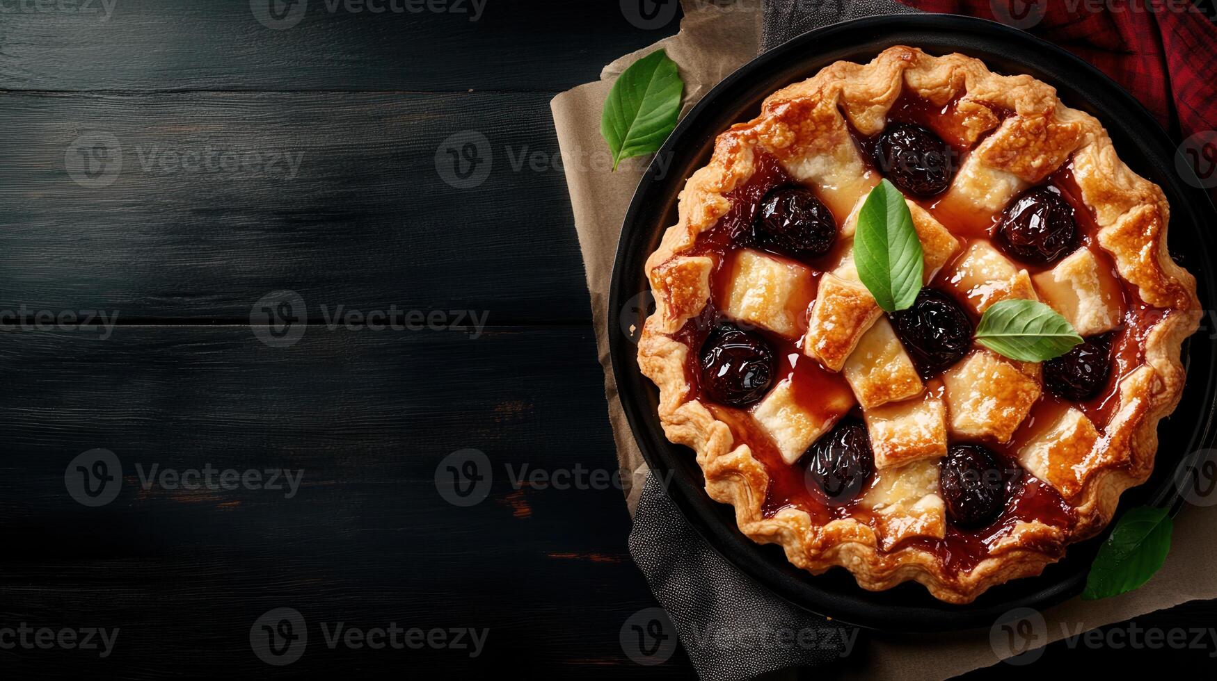 Exquisite pie featuring cherries and fresh basil leaves creating a unique flavor combination ideal for dessert enthusiasts photo
