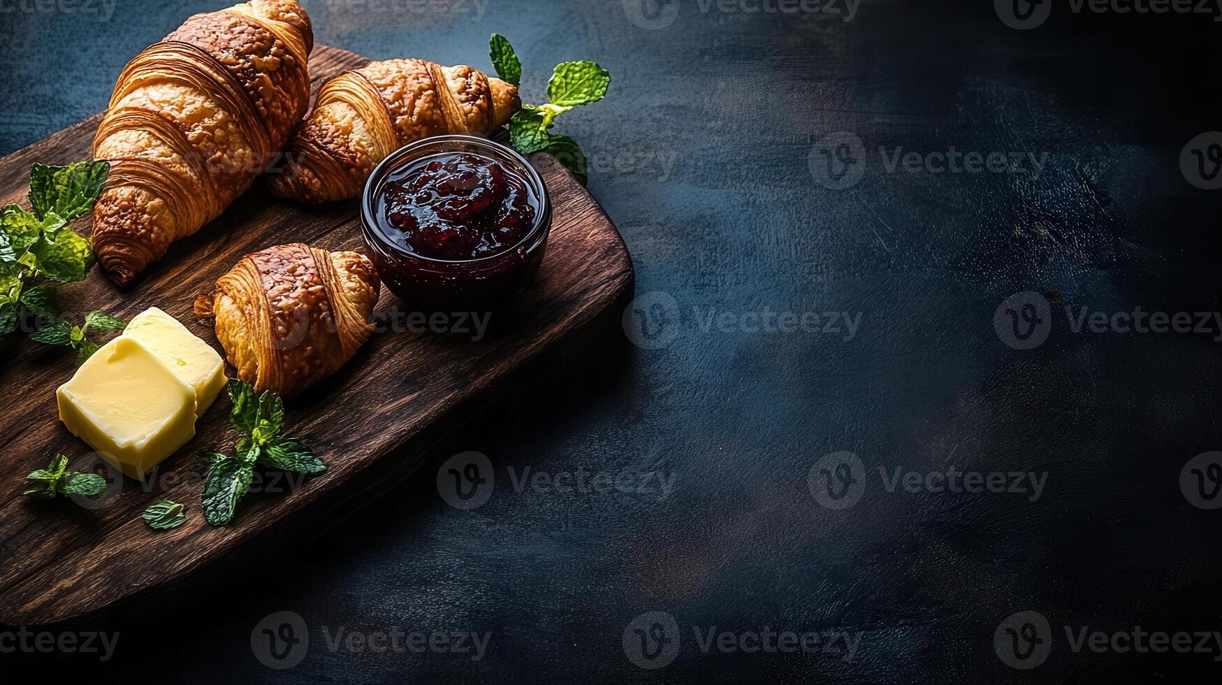 Rustic wooden board artfully displayed with assorted croissants and rich cheese creating a gourmet snack presentation photo