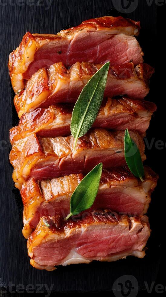 Artfully plated meat dish garnished with a single leaf on top for an elegant presentation and culinary delight photo
