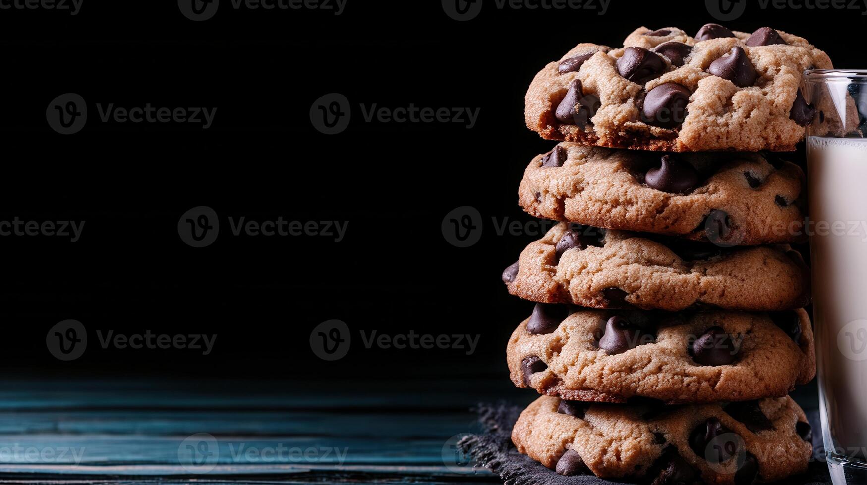 A stack of delicious chocolate chip cookies served with a refreshing glass of milk for a perfect snack moment photo