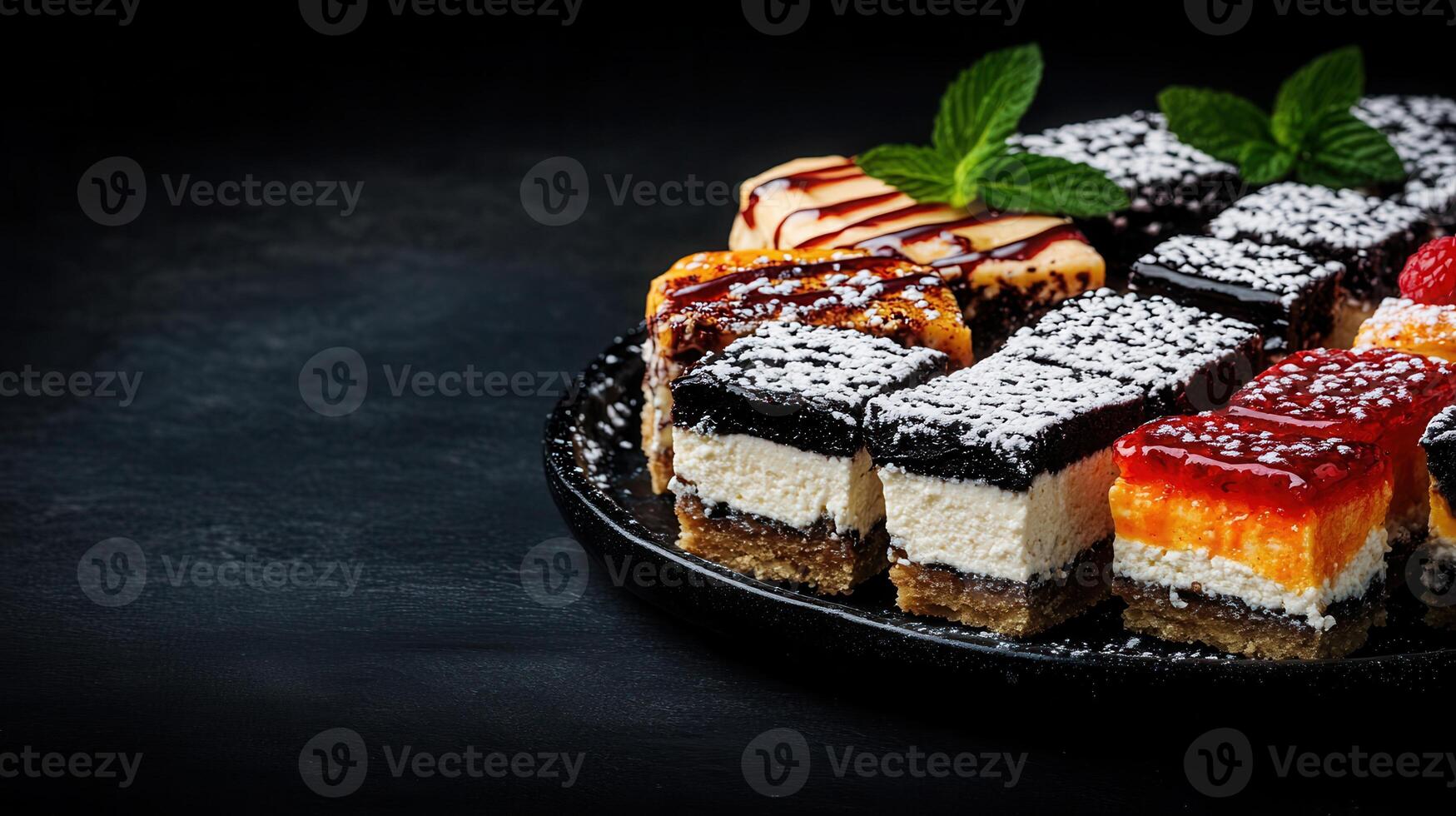 A beautifully styled dessert placed on a black plate highlighting its rich colors and tempting textures for dessert lovers photo