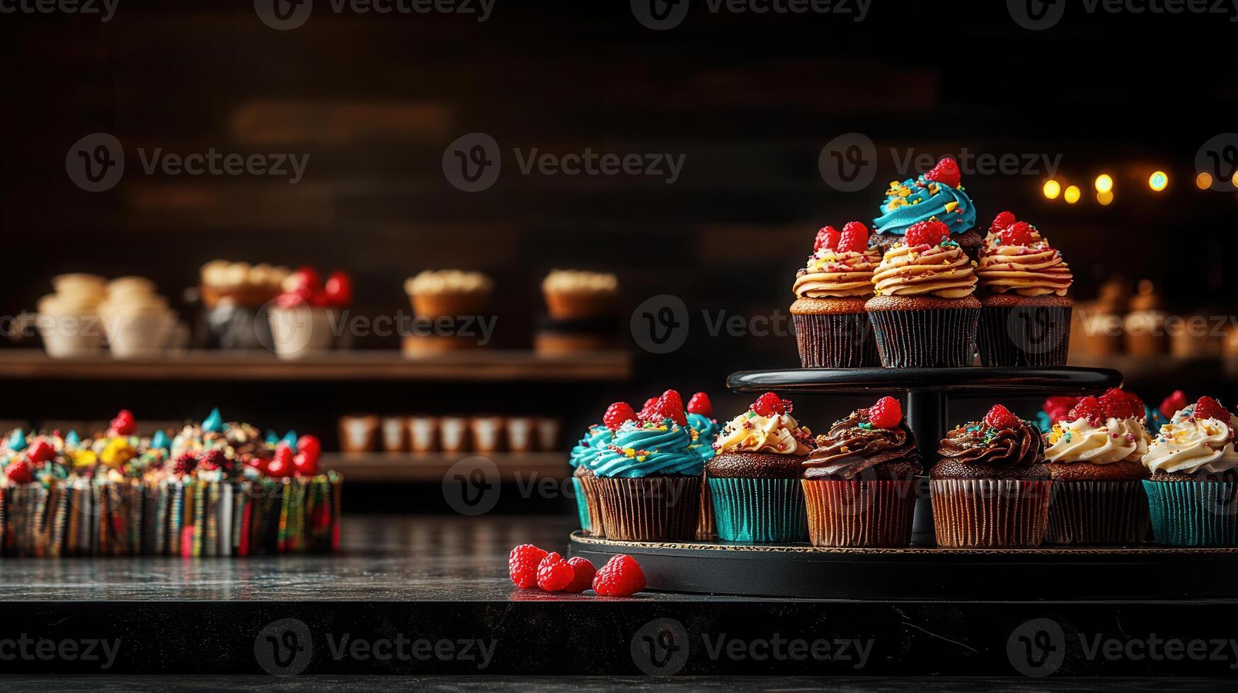 Delightful array of cupcakes on a table ready to be enjoyed with colorful frosting and tasty decorations for every occasion photo