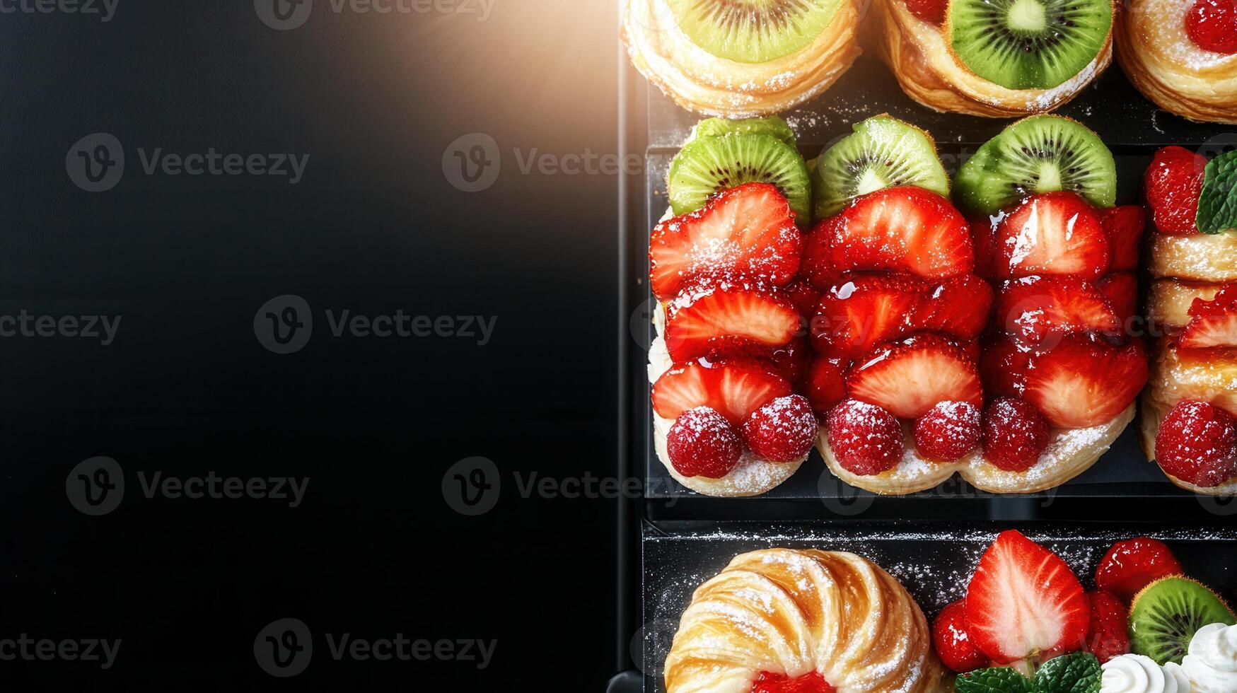 Lavish display of a variety of pastries including croissants, tarts, and puffs perfect for any bakery showcase photo