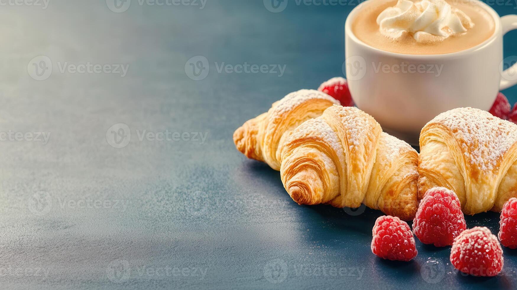 Elegant cup of freshly brewed coffee accompanied by two flaky croissants ideal for a relaxing morning or afternoon break photo