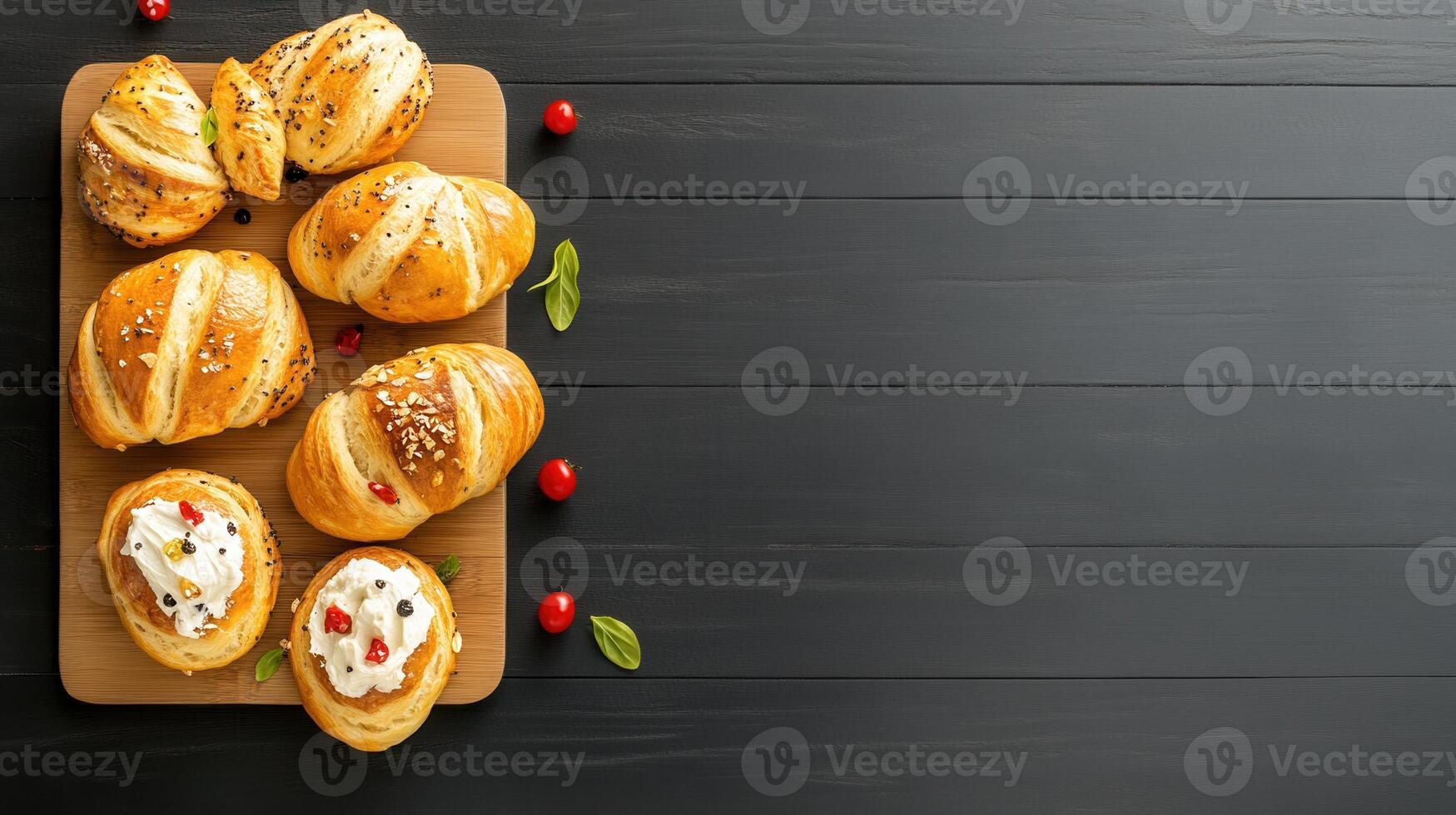 A rustic wooden cutting board showcasing an array of delicious pastries perfectly crafted for a culinary delight experience photo