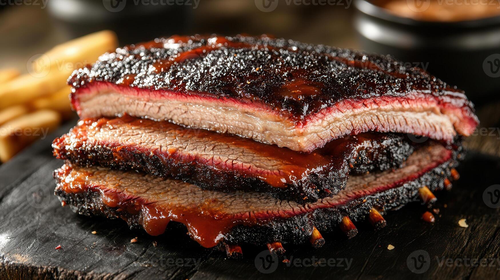 Juicy steak displayed on a rustic wooden cutting board ready to be sliced and savored with side dishes photo