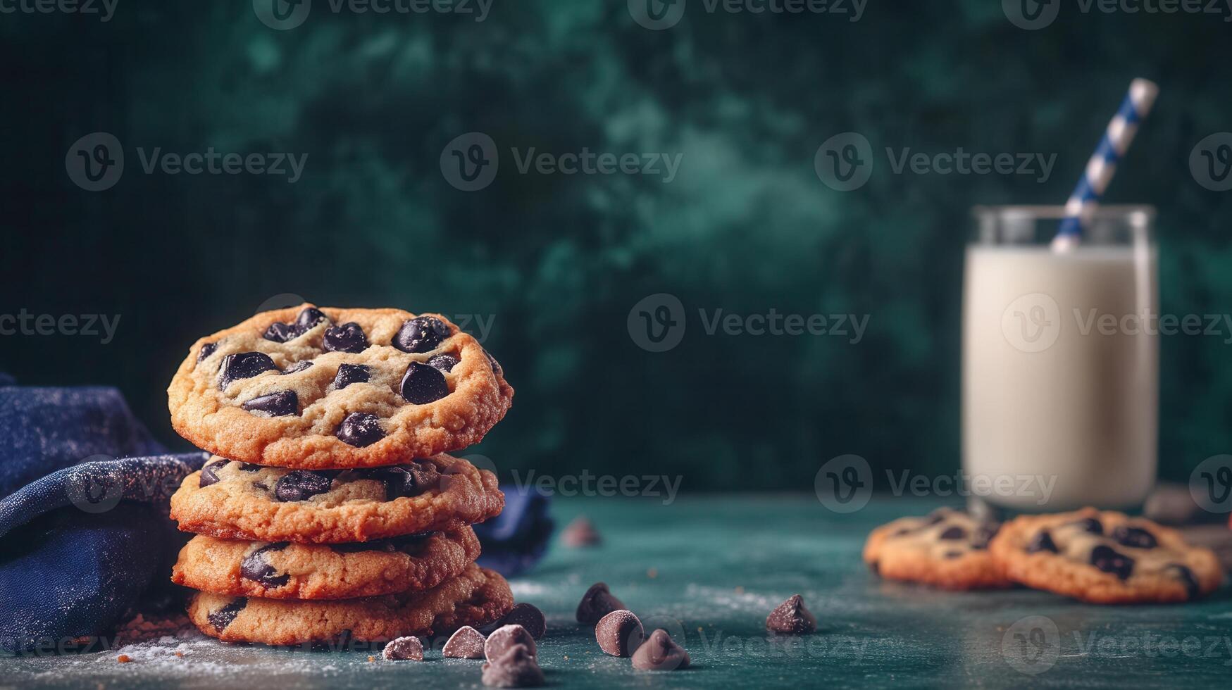 A tall stack of delicious cookies served alongside a chilled glass of milk for an inviting snack experience photo