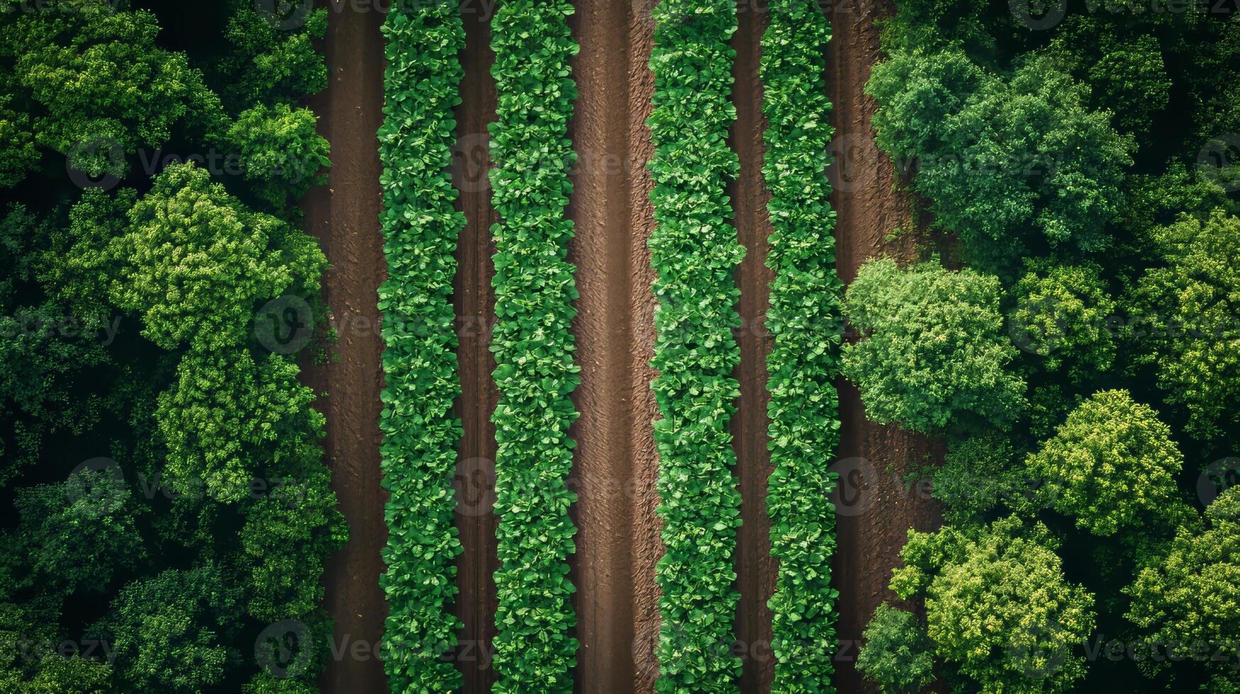 Aerial view of green crops in rows surrounded by lush trees photo
