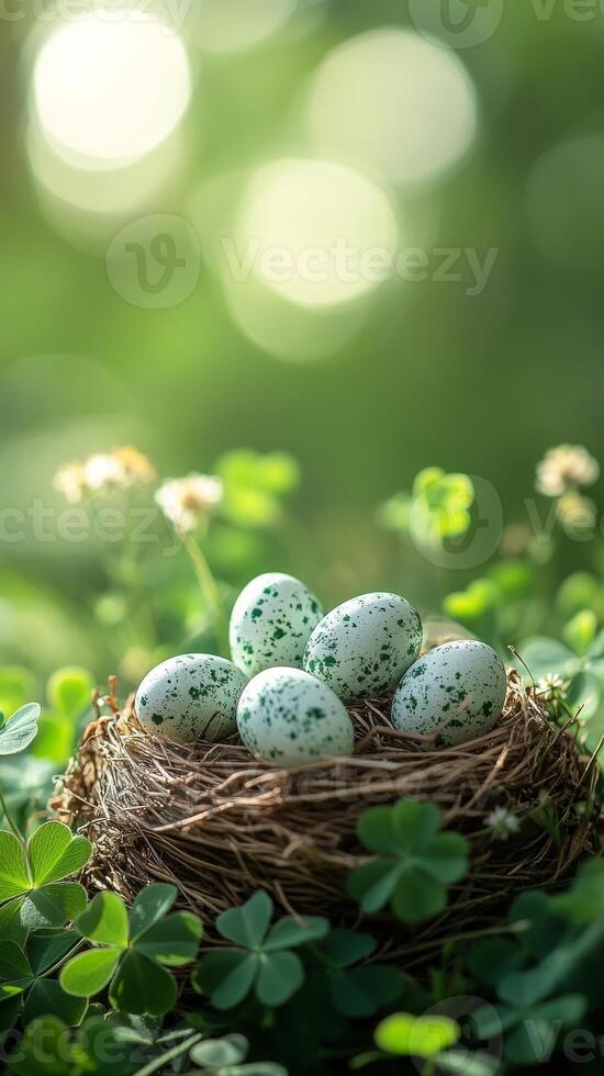 Speckled eggs in nest surrounded by greenery in tranquil nature scene photo