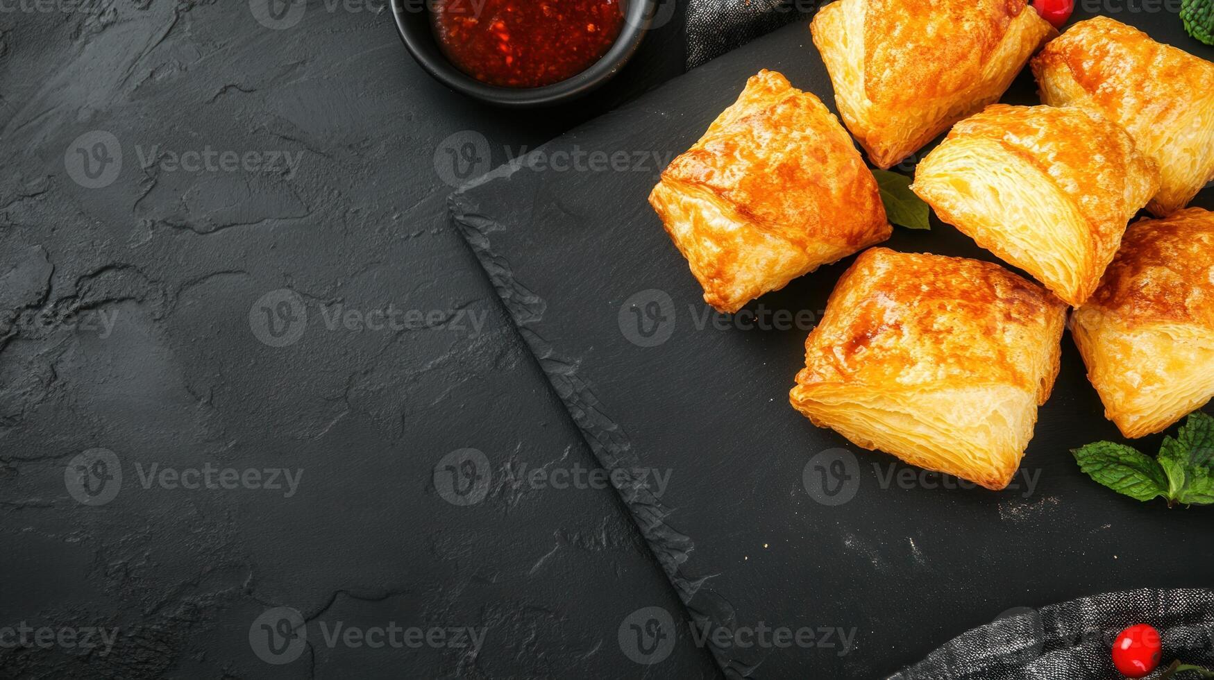 Colorful plate of delectable food accompanied by a bowl of flavorful dipping sauce for an inviting meal experience photo