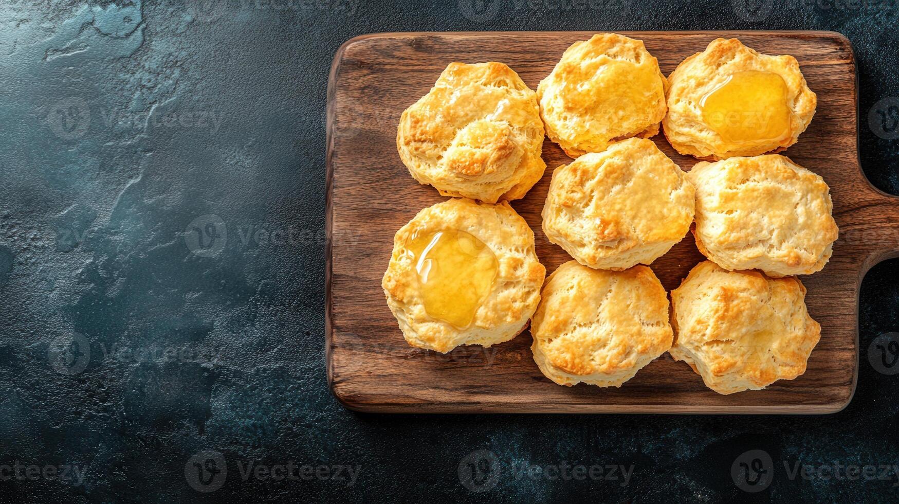 A charming wooden cutting board lavishly spread with a bountiful array of freshly baked biscuits ready to serve photo