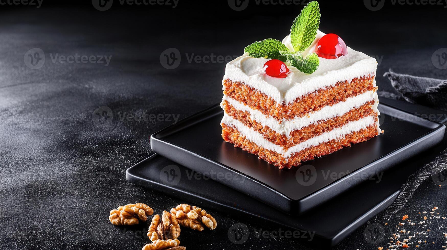 A decadent piece of cake topped with a cherry, beautifully presented on a white plate ready for indulgence photo