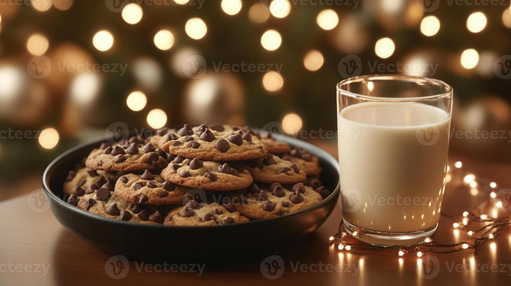 A tasty bowl of chocolate chip cookies accompanied by a refreshing glass of milk on a rustic wooden table photo