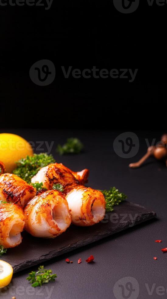 A beautifully plated dish of juicy shrimp accompanied by fresh lemon wedges for a flavorful and zesty dining experience photo