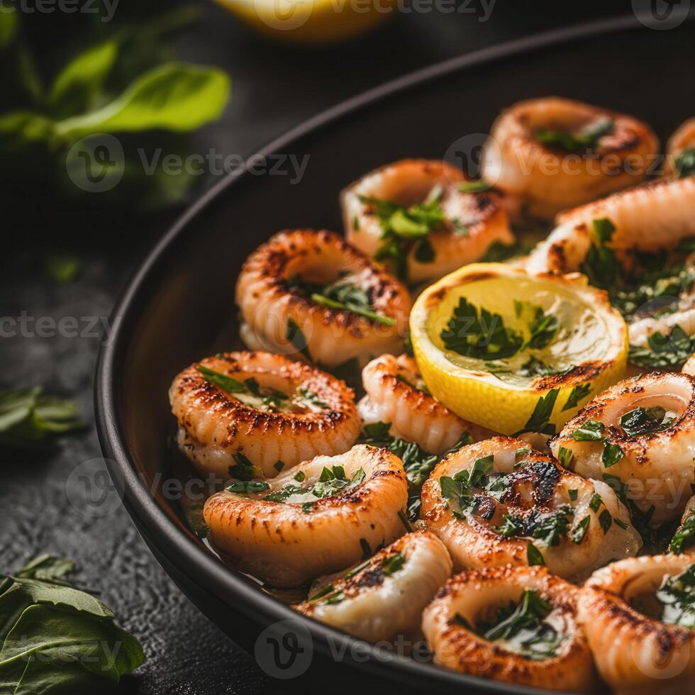 A delicious plate of grilled shrimp accompanied by fresh lemon wedges perfectly arranged for a flavorful seafood experience photo