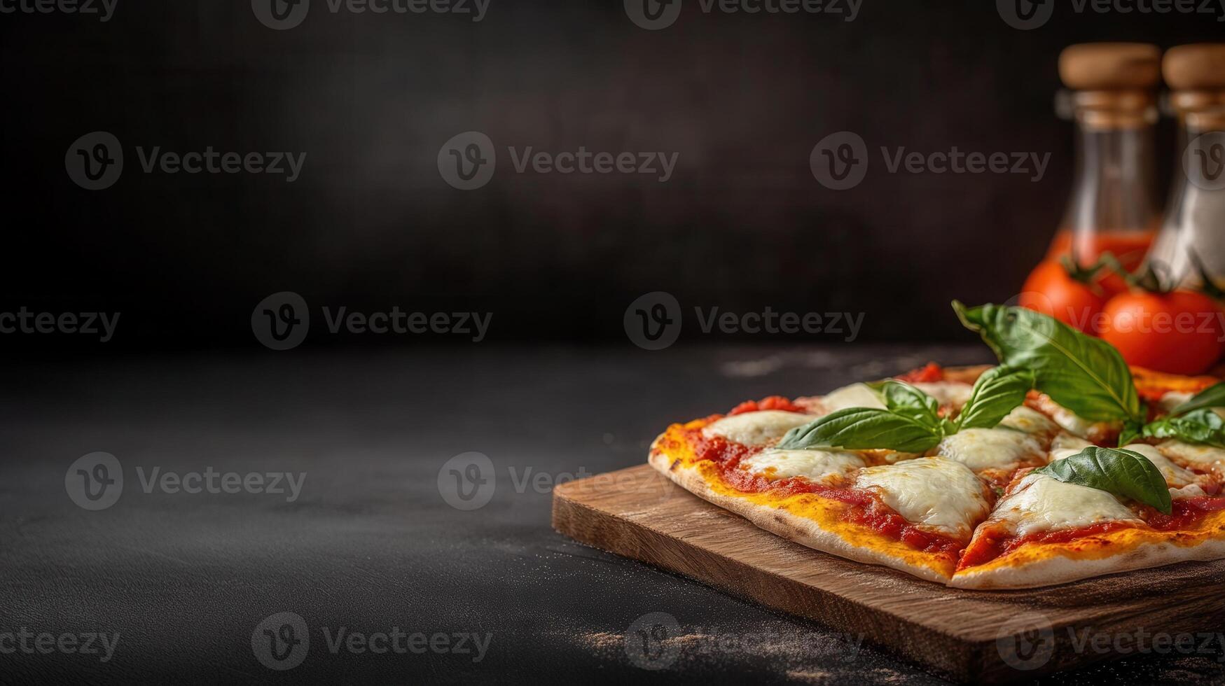 Flavorful pizza generously topped with fresh tomatoes and fragrant basil leaves perfect for any pizza lover photo