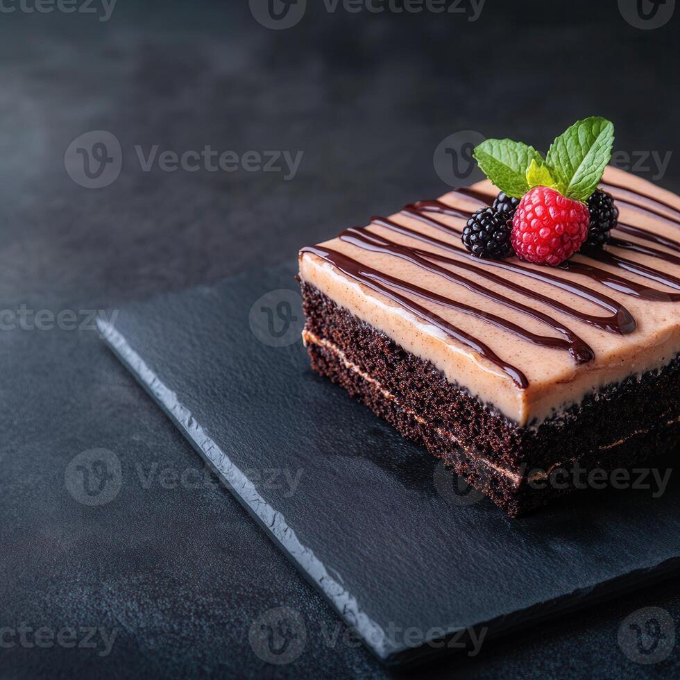 A delicious chocolate cake artfully served with a raspberry adding a touch of color and flavor to the dessert presentation photo