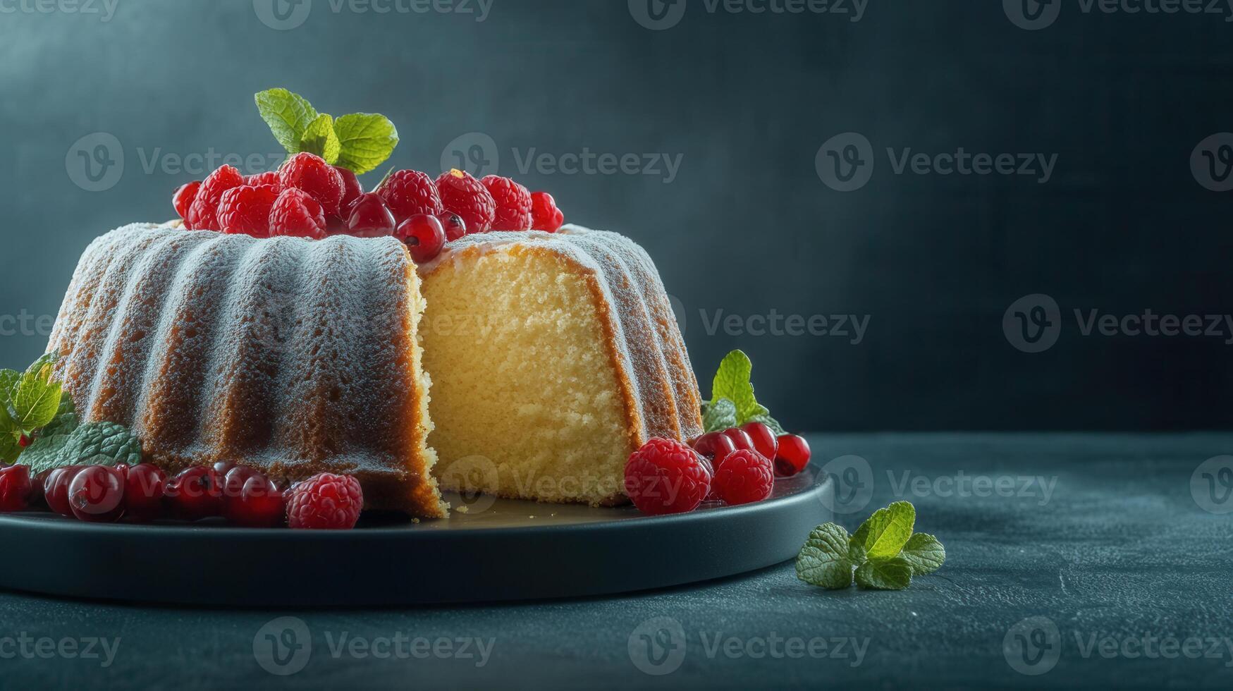 Deliciously decorated cake with bright raspberries and a slice removed to reveal its mouthwatering layers inside photo