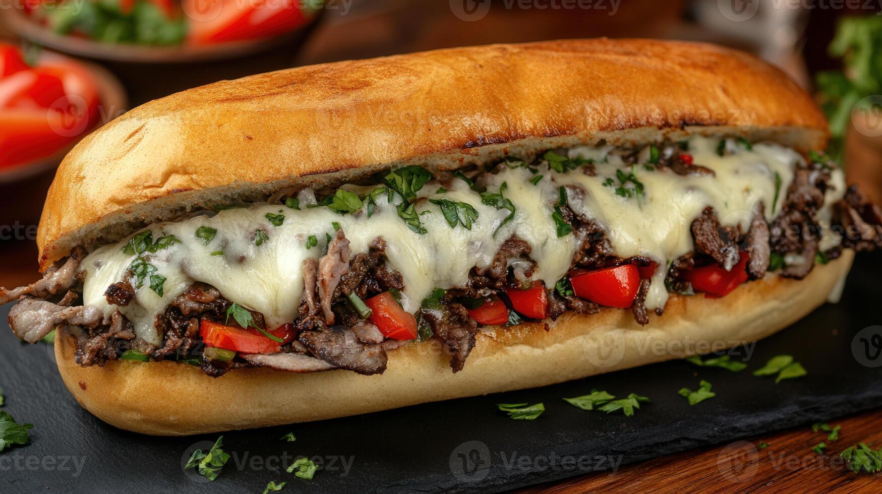Savory sandwich with delicious layers of meat and cheese stacked high on fresh bread ready for a flavorful bite photo