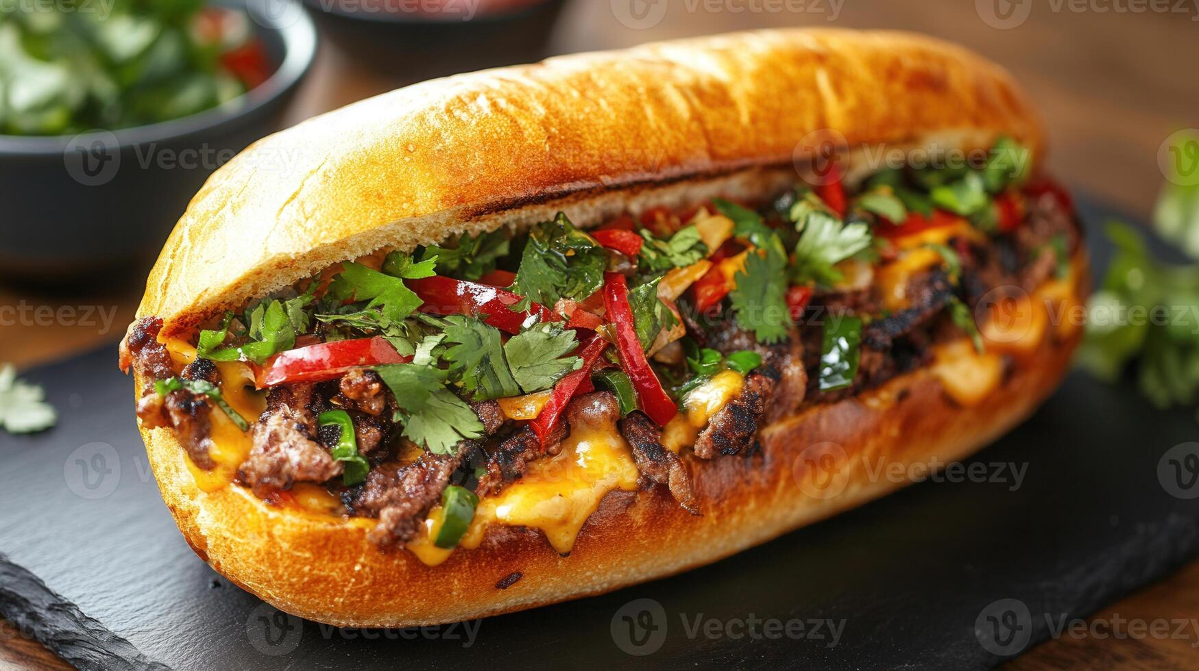 Hearty sandwich loaded with fresh meat and crisp vegetables served on a rustic wooden table for a satisfying meal photo