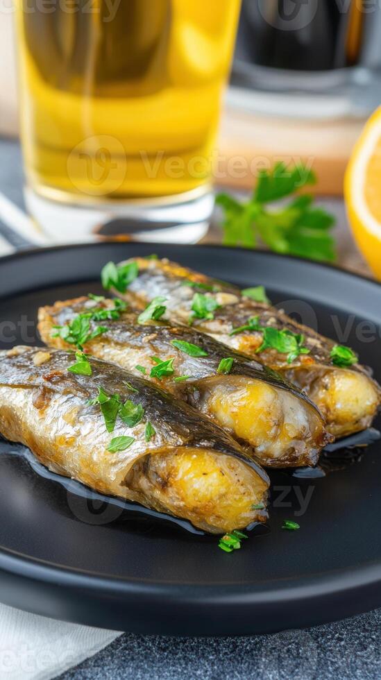 Deliciously plated fish dish accompanied by a refreshing glass of beer sitting on a rustic wooden table photo
