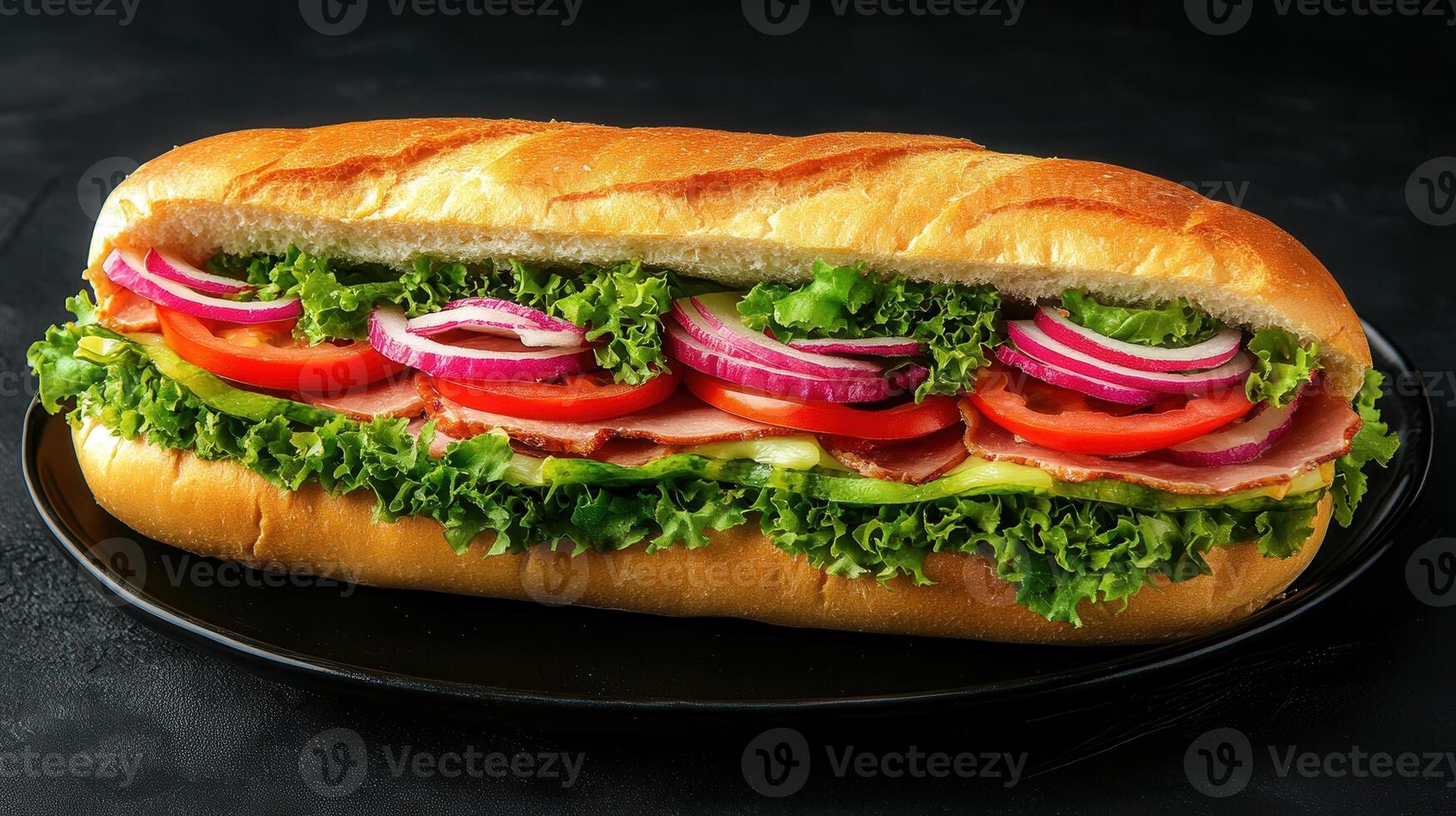 Fresh and tasty sandwich layered with crisp lettuce and juicy tomatoes served on a plate for quick enjoyment photo