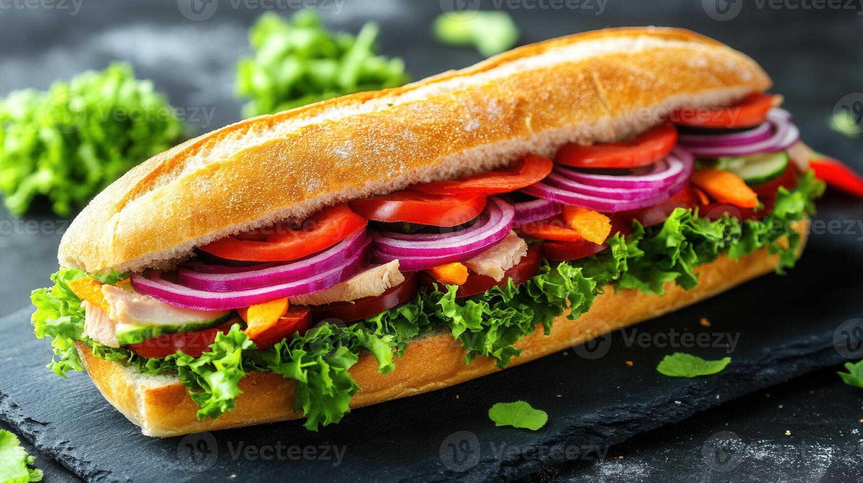 Savory sandwich loaded with fresh vegetables and tender meat served on a plate for a satisfying meal anytime photo