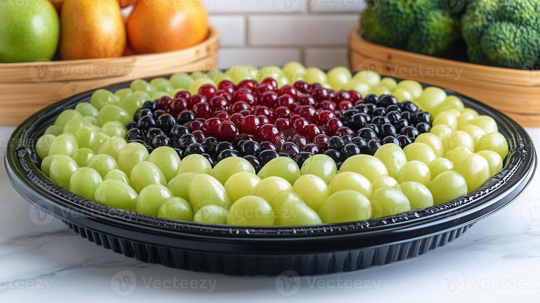 Elegant fruit platter featuring fresh grapes and broccoli beautifully arranged for a unique and healthy presentation photo