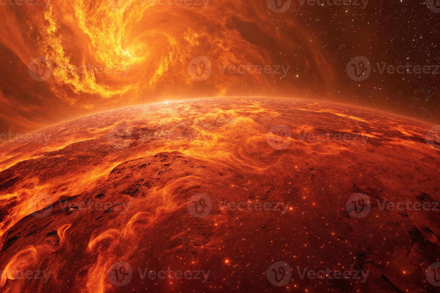 A fiery planet surrounded by swirling lava and flames in deep orange hues with distant stars glowing in the background Background photo