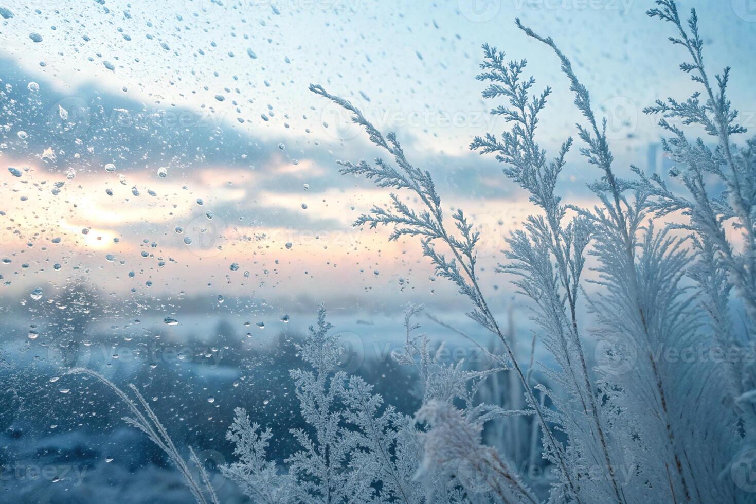 Beautiful winter morning scene through a frosty window, with intricate ice crystals and a tranquil snowy landscape beyond photo