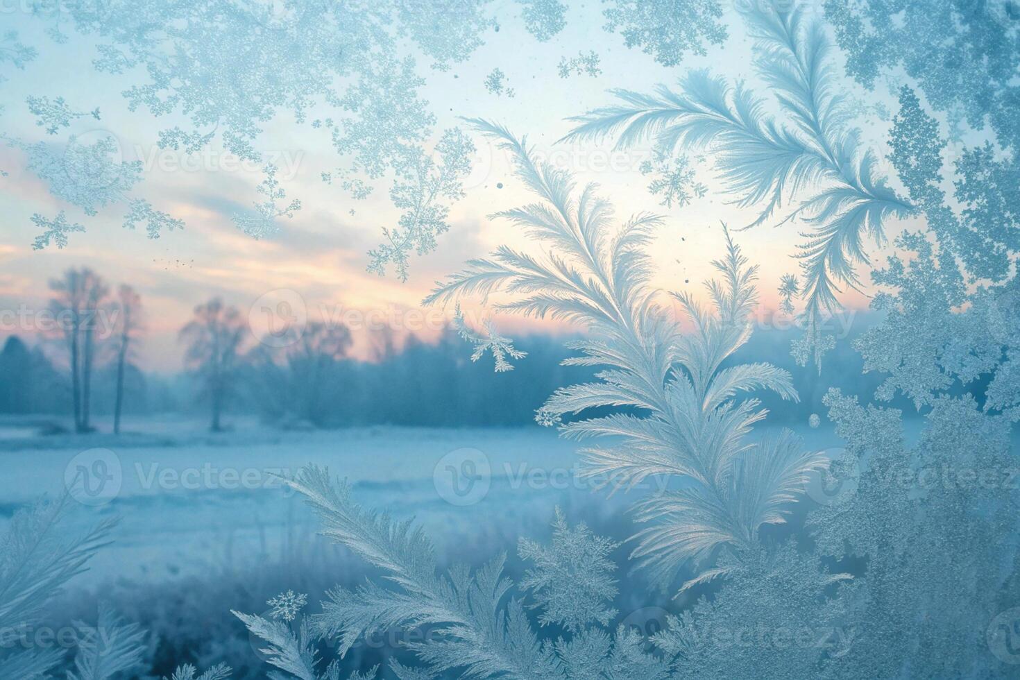 Frosted window with intricate ice patterns and a soft, snowy landscape bathed in the gentle glow of a winter sunrise photo