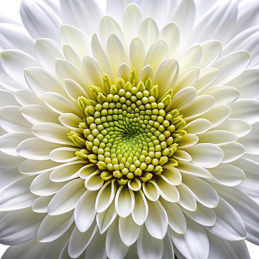 Macro photograph capturing the beauty and symmetry of a white chrysanthemum bloom with green center photo