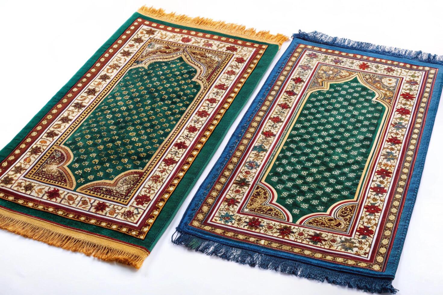 Elegant and luxurious prayer mats with rich golden designs and fringed edges in various colors of green, red, and blue photo