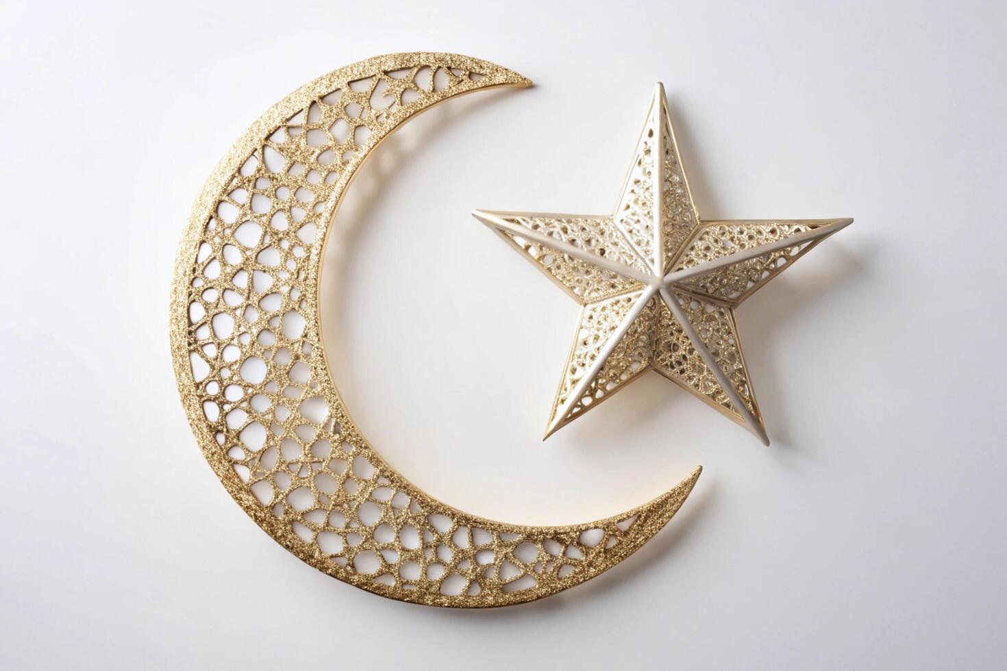 Gold crescent moon and star art decoration with a glossy finish, evoking celestial elegance for upscale interiors and celebratory occasions photo