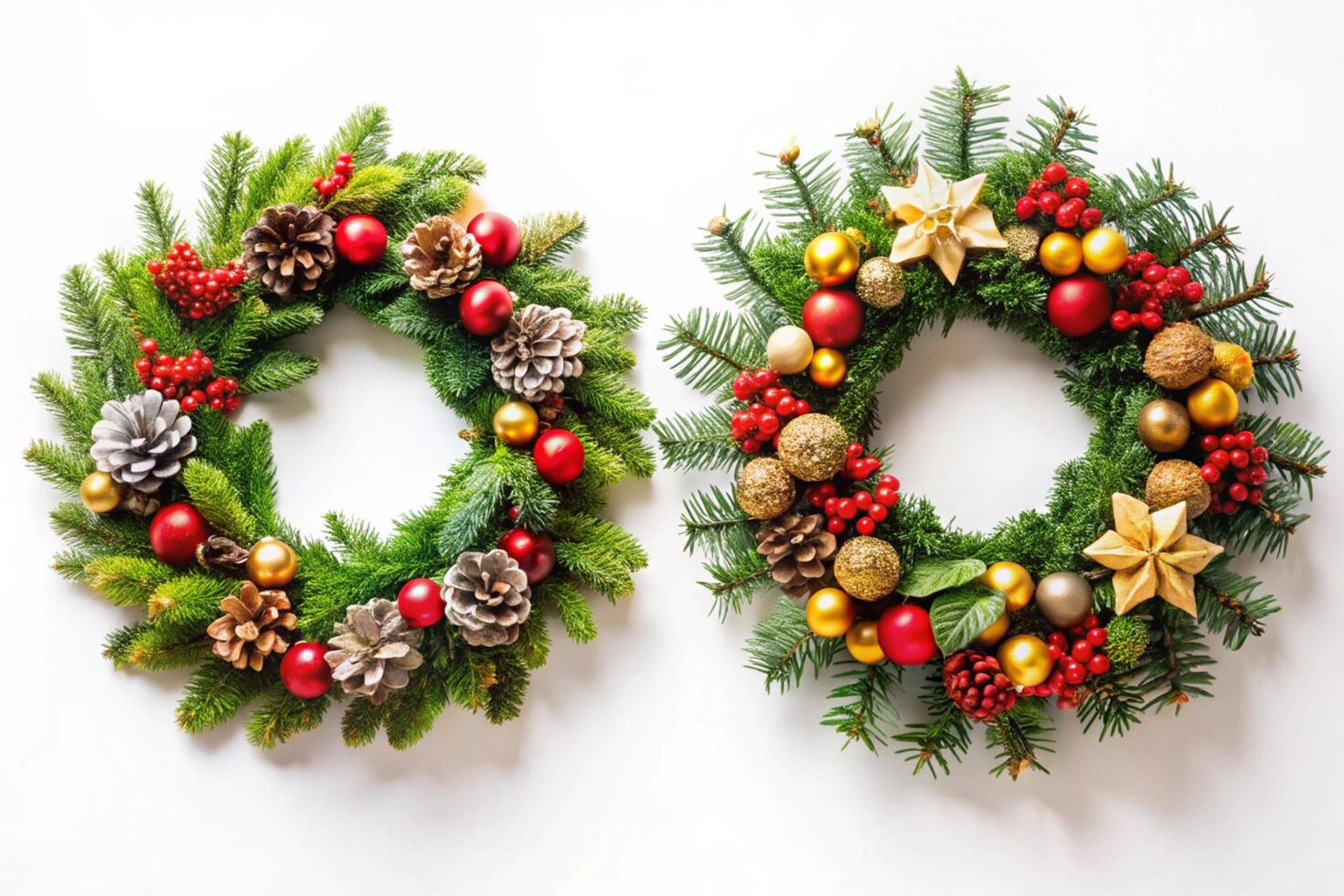 Traditional and elegant Christmas wreaths with pine cones, red berries, gold ornaments, and vibrant accents for the festive season photo