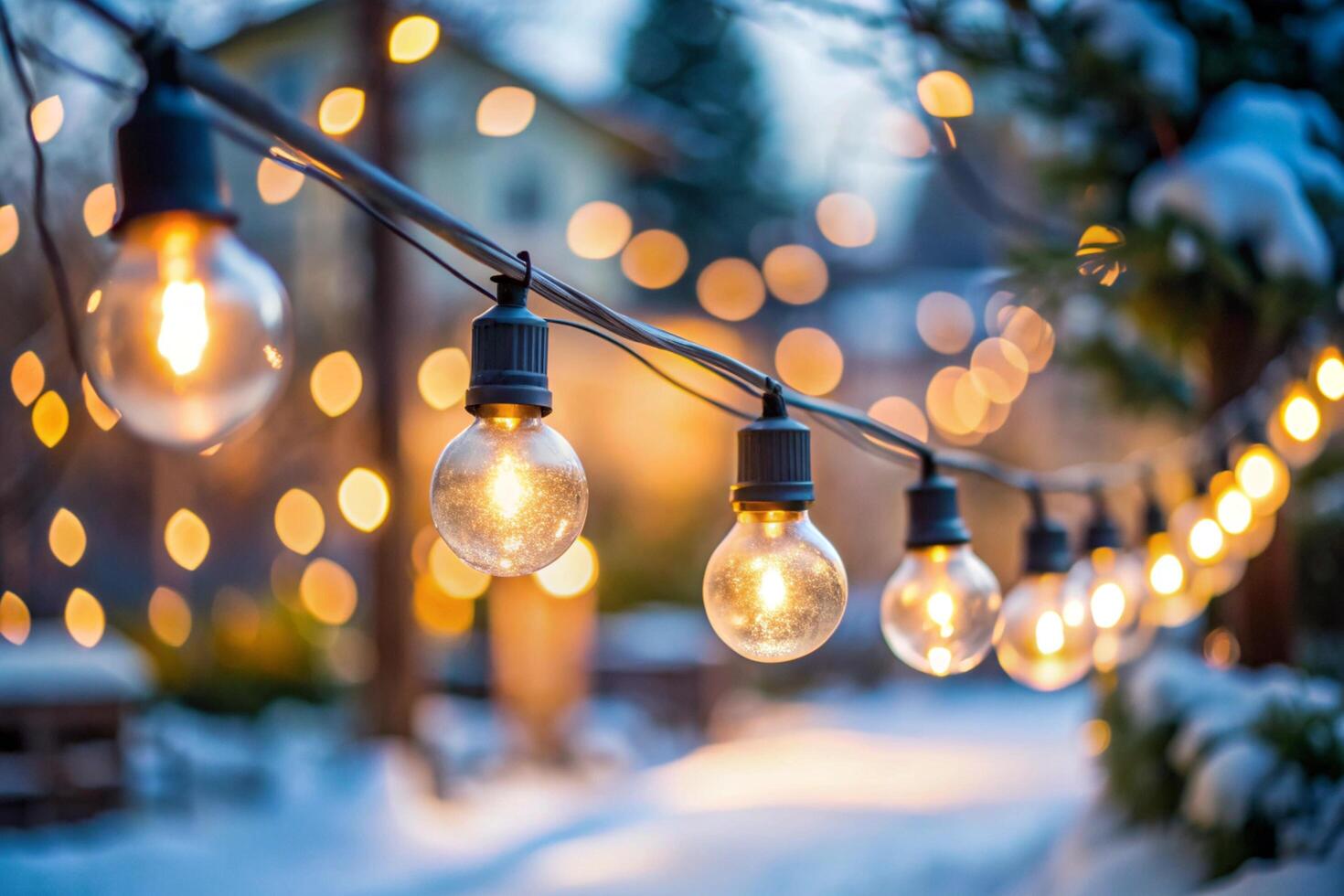Beautiful outdoor string lights with glowing bulbs illuminating the night and snowy surroundings, perfect for winter and holiday decor photo