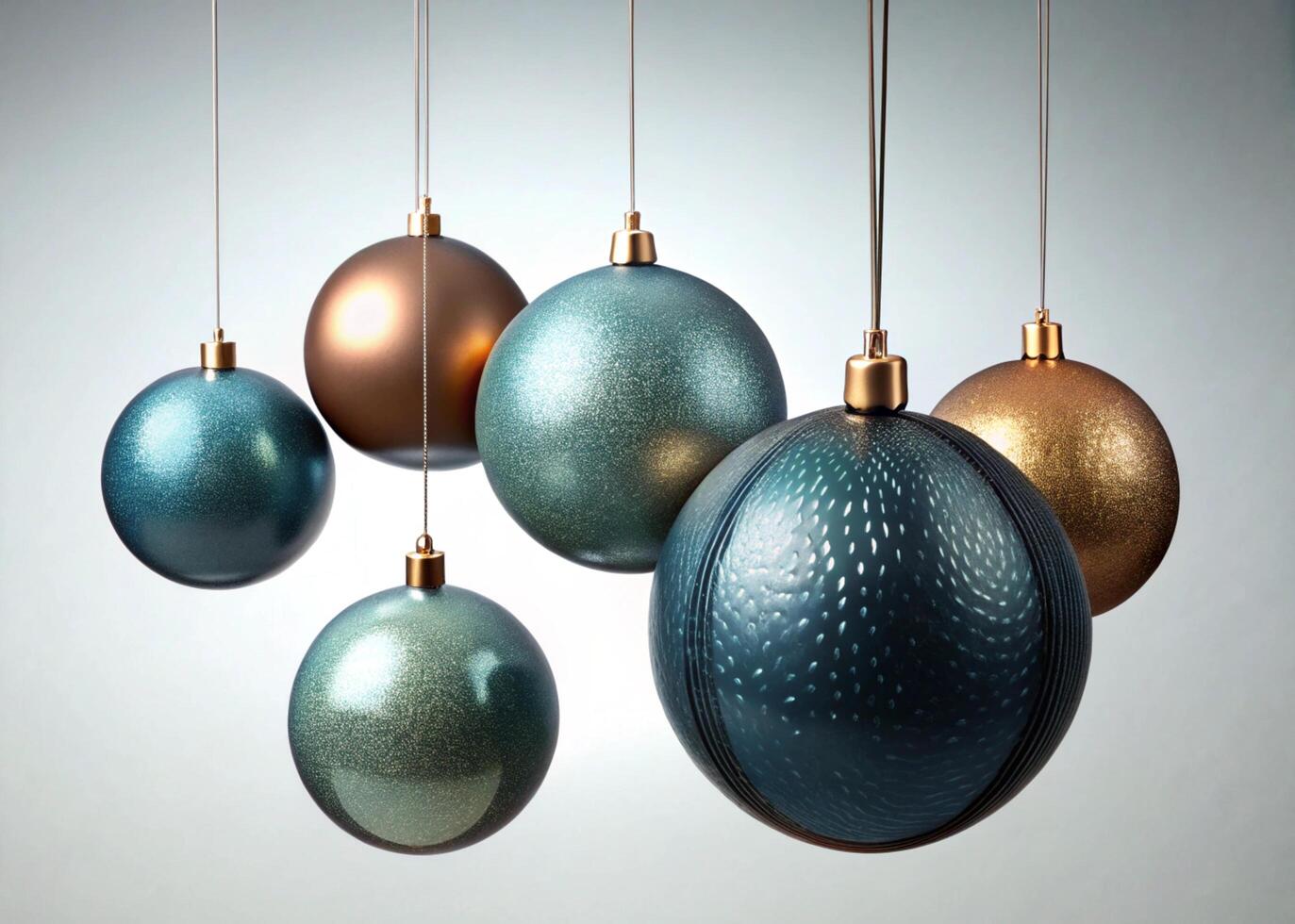 Assortment of holiday ornaments in elegant blue, teal, gold, and bronze tones hanging against a light backdrop, ready for the Christmas tree photo