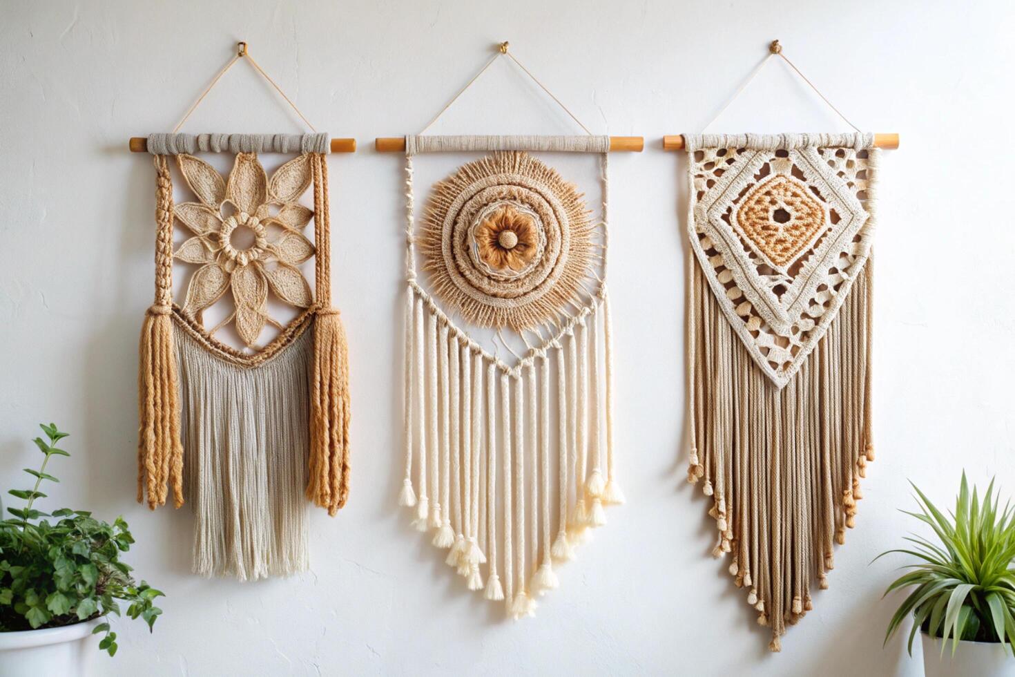 Colorful macrame wall hangings with unique geometric patterns and tassels, designed for modern and creative living spaces photo