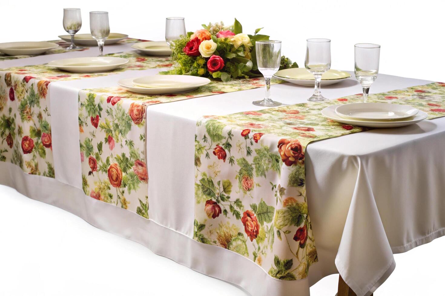 Beautifully set dinner table with a soft checkered tablecloth, elegant glassware, and vibrant floral centerpieces for a sophisticated meal photo