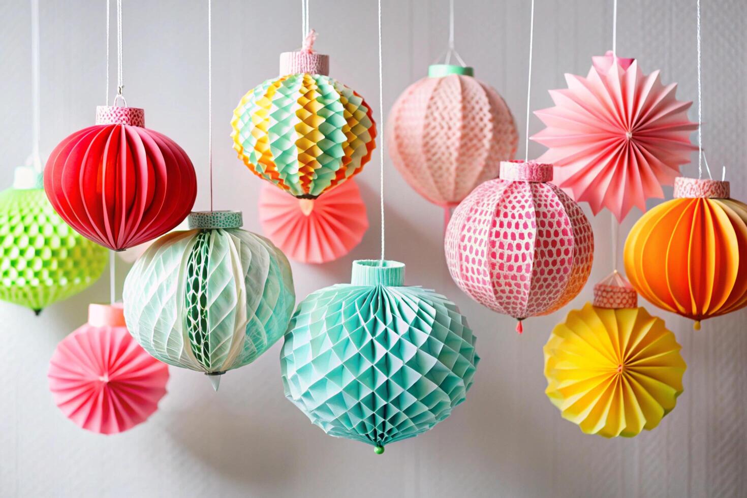 Decorative paper lanterns in various shapes and colors, creating a whimsical vibe for parties, festivals, and DIY craft projects photo
