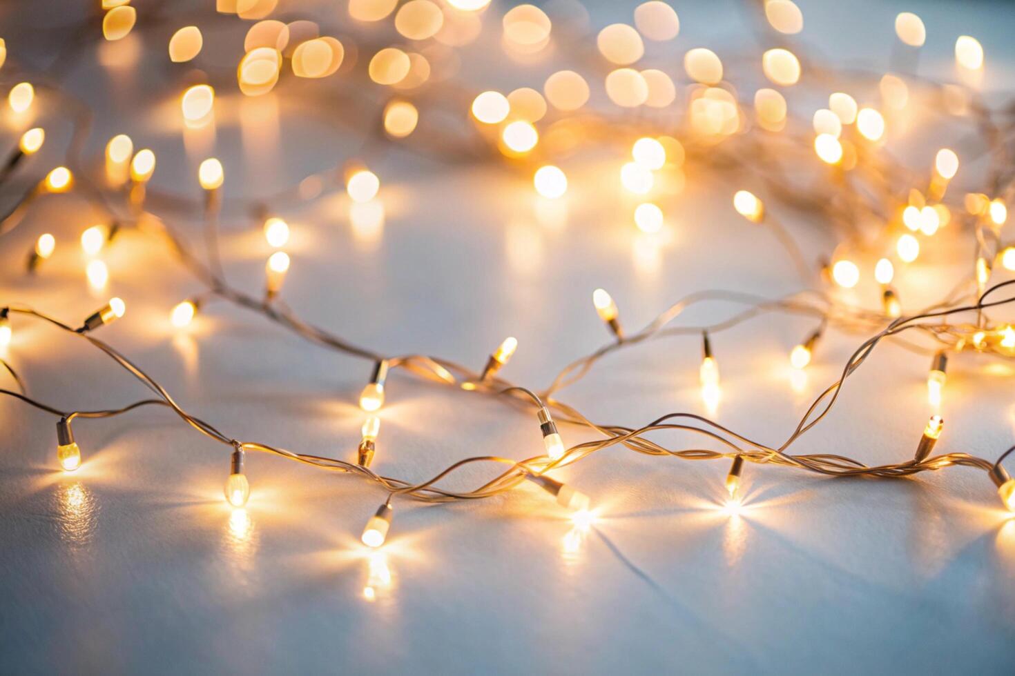 A dreamy background of soft glowing fairy lights gently twinkling on a white backdrop, perfect for enhancing any decor or event photo