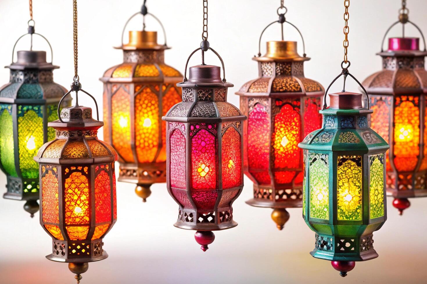 Hanging decorative lanterns with elaborate metal patterns and a warm glow, ideal for creating a magical and serene atmosphere in any room photo