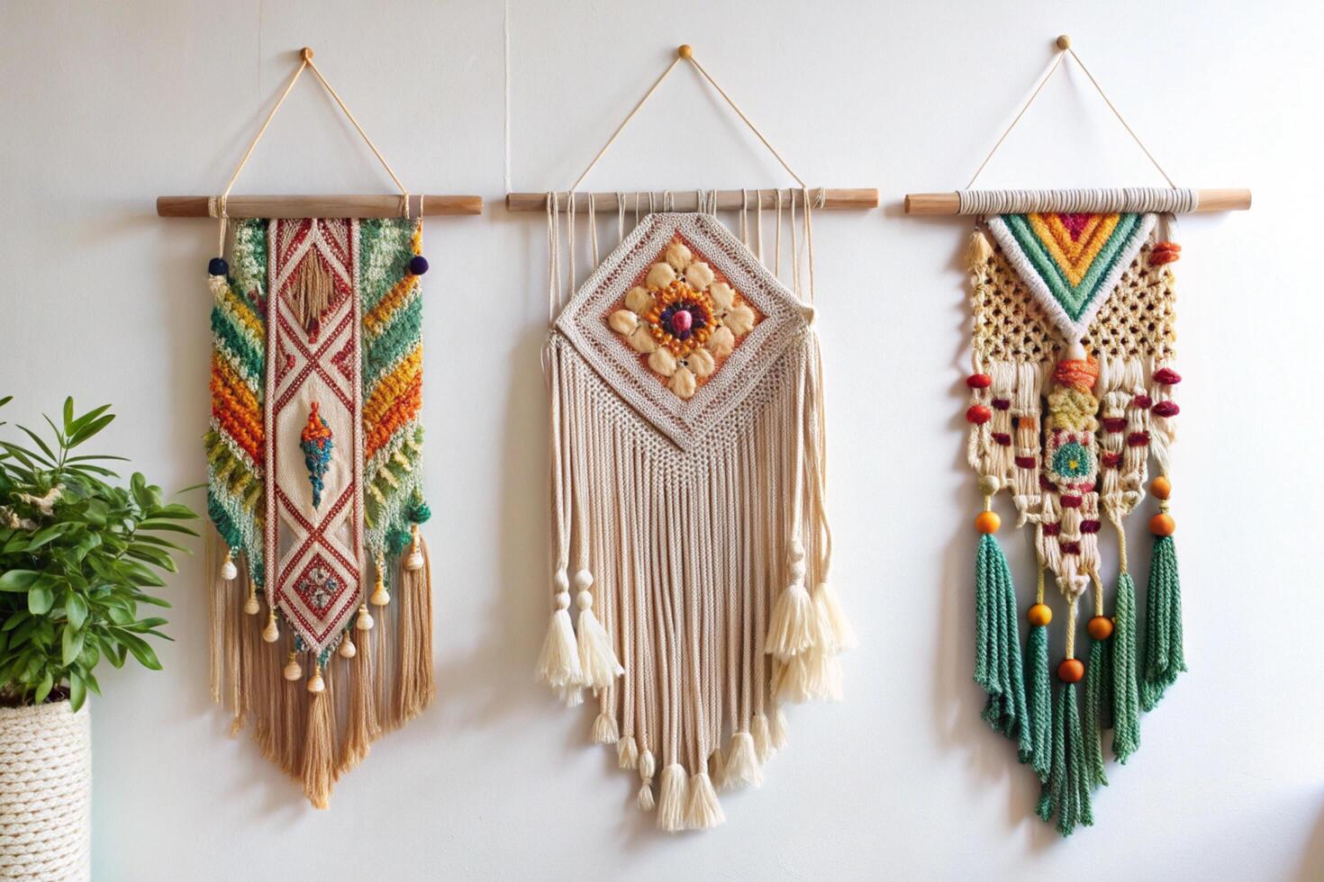 Geometric textile wall hanging trio with fringe details and a blend of natural and vibrant yarn colors, perfect for boho aesthetics photo