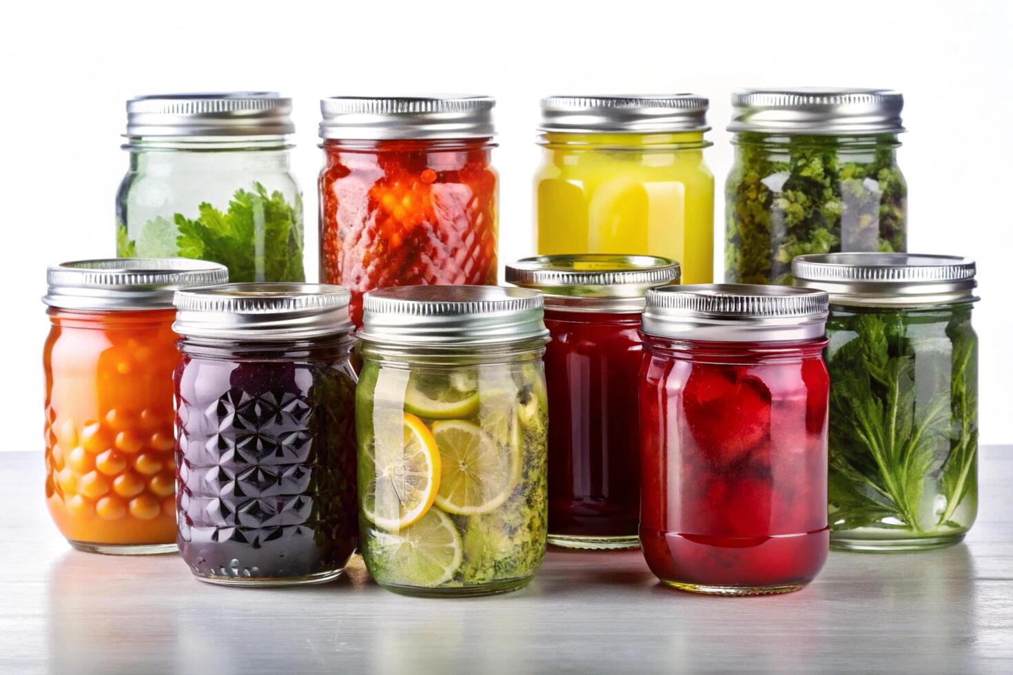 Set of three decorative mason jars with metal screw lids on a white surface, suitable for storing dry goods or for crafting photo