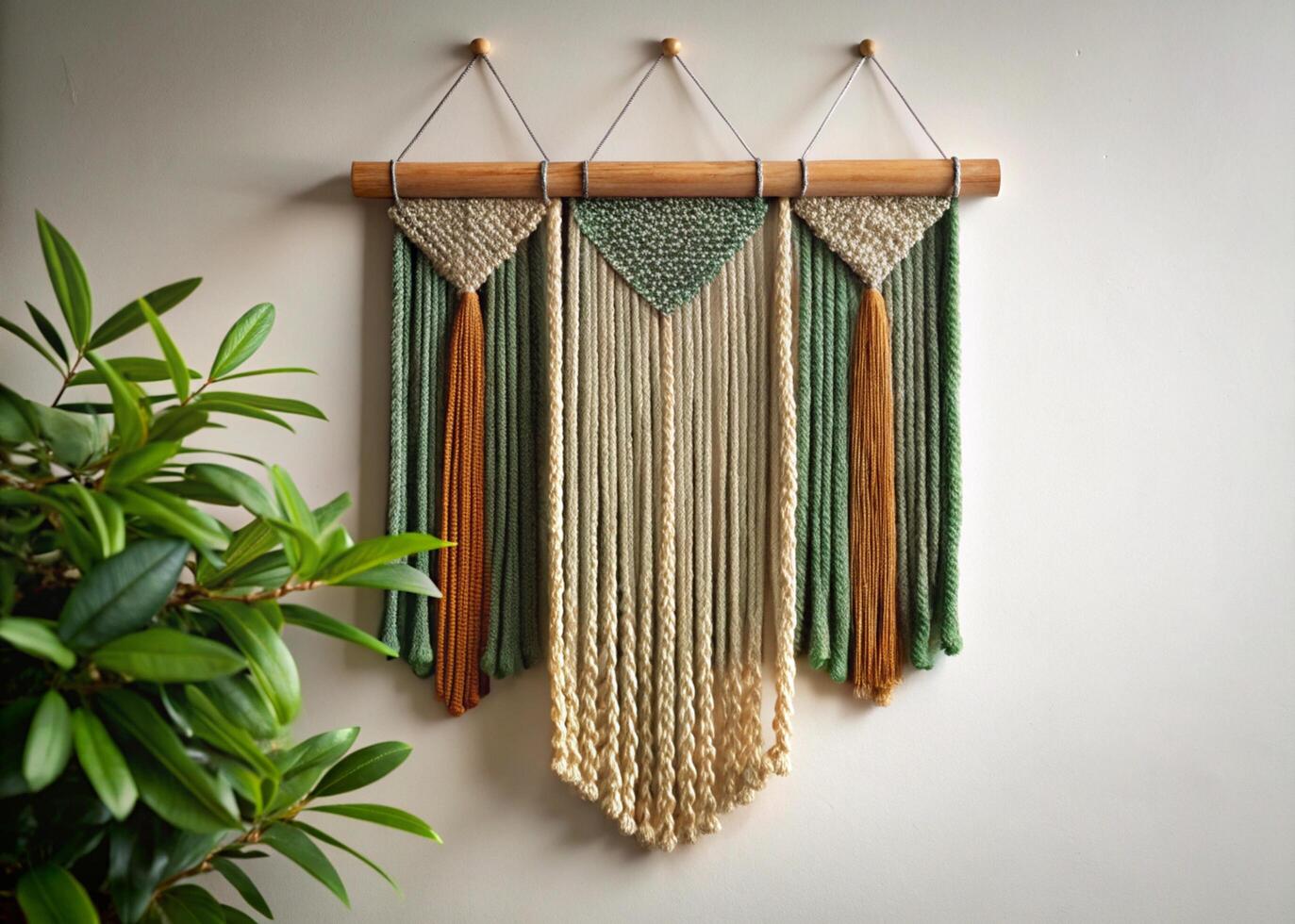 Artistic yarn wall hangings with modern woven designs, creating a warm, rustic, and natural aesthetic in interior spaces photo