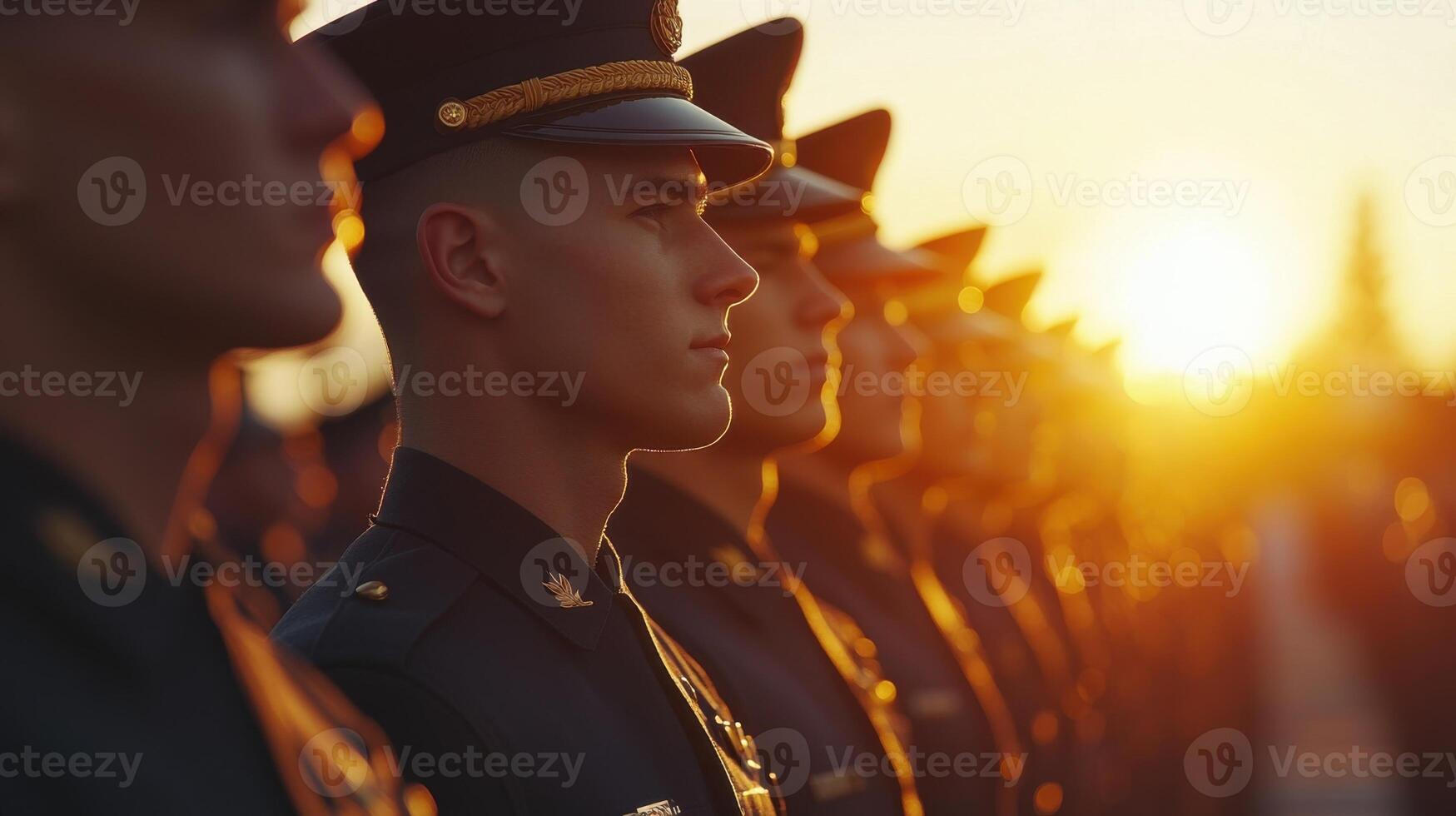 Army soldiers stand. Group of men wear formal uniform. Sunset at horizon. Rows of service people. Military academy at sunrise. photo