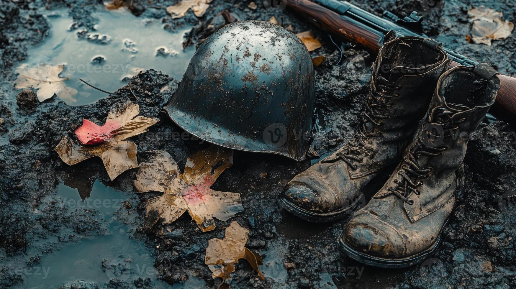 Old Helmet Boots and Rifle Lie on Mud. War Equipment Placed on the Wet Ground with Fallen Leaves. Military Scene. photo