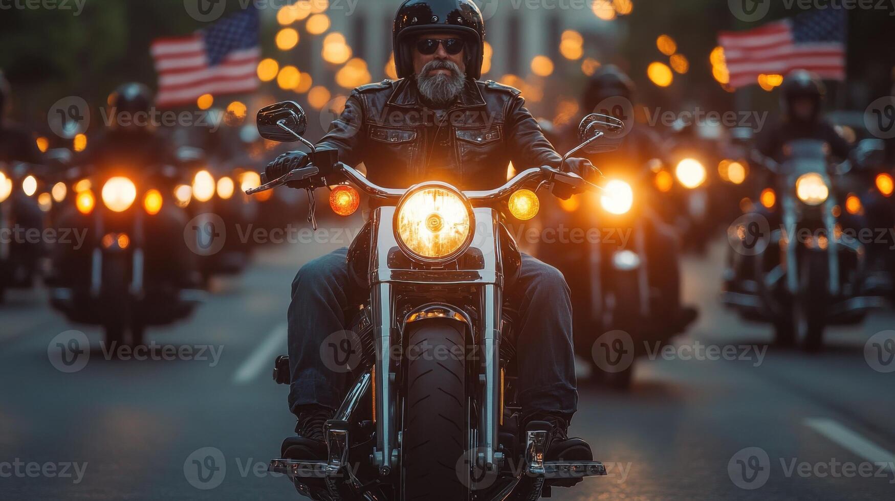 Motorcycle group riding. Bright headlights shine. Flag waves. People drive bikes. Evening light. Biker in leather. Road trip adventure. Motorcycles on road. photo