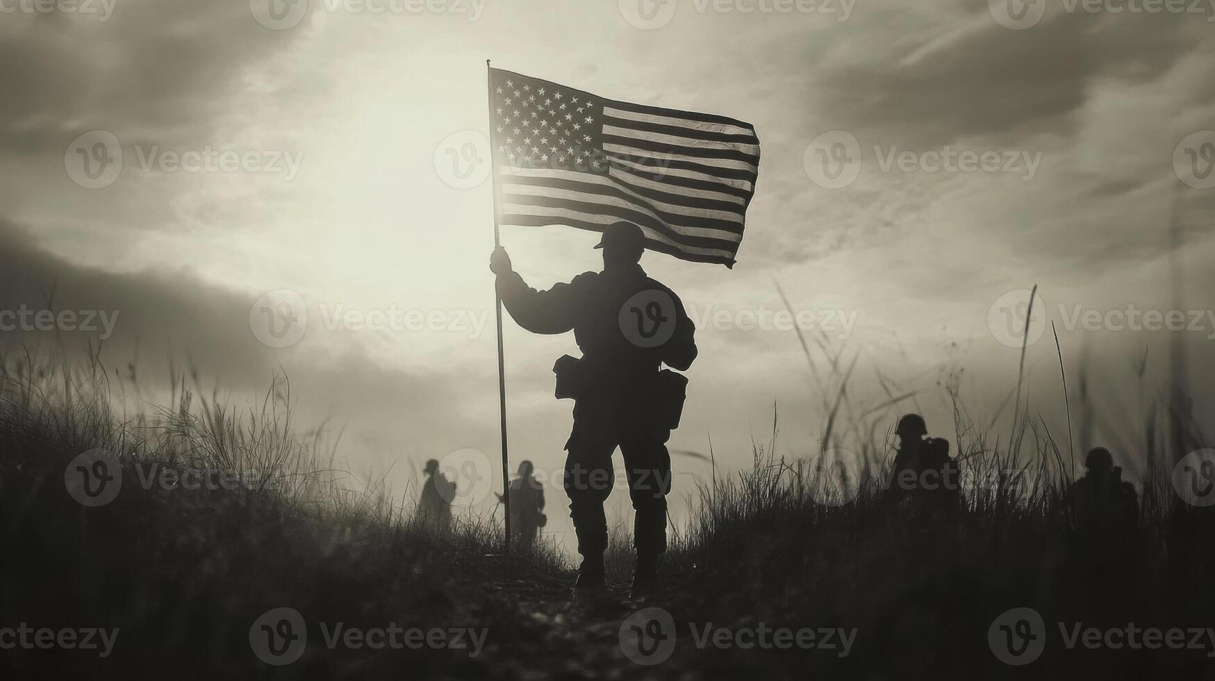 Memorial day Soldiers march with United states flag. Monochrome view of army men walking on field holding united states flag against cloudy sky. Patriotic scene. Military parade. photo
